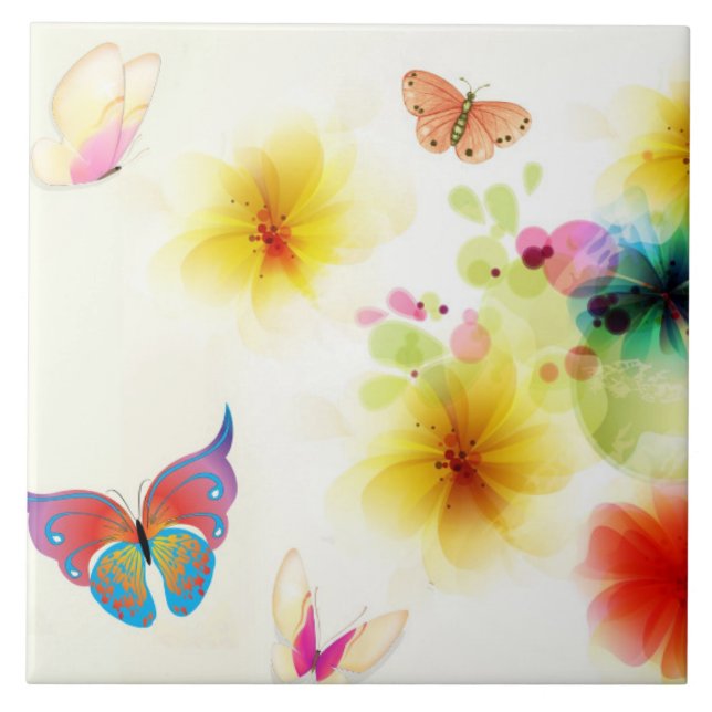 pretty coloured flowers butterfly tile (Front)