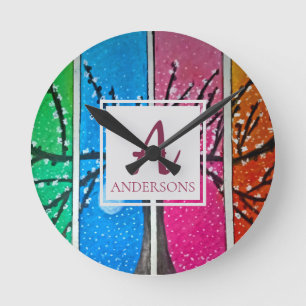 Pretty Colourful Blue Green Orange Pink Monogram Round Clock