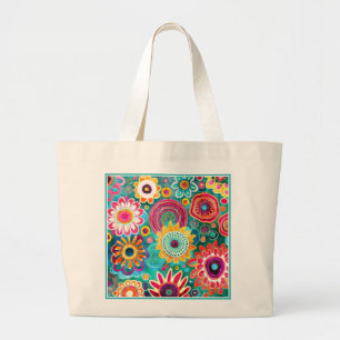 Pretty Colourful Boho Floral Pattern Large Tote Bag