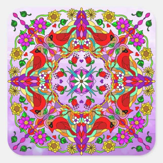 Pretty Colourful Cardinals and Flowers Mandala   Square Sticker (Front)