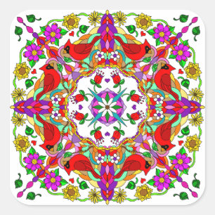 Pretty Colourful Cardinals and Flowers Mandala Square Sticker