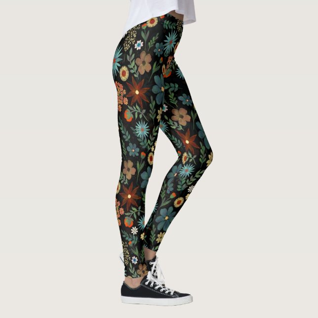 Pretty Colourful Ditsy Floral Black Design Leggings (Right)