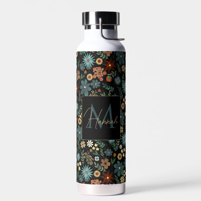 Pretty Colourful Ditsy Floral Black Water Bottle (Left)