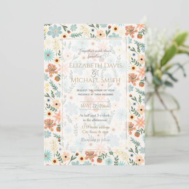 Pretty Colourful Ditsy Floral White Design Invitation (Standing Front)