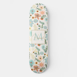 Pretty Colourful Ditsy Floral White Design Skateboard