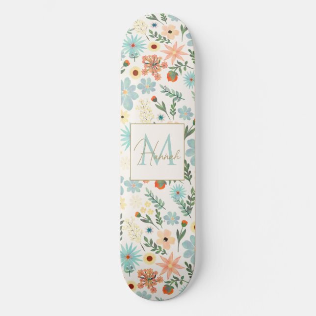 Pretty Colourful Ditsy Floral White Design Skateboard (Front)