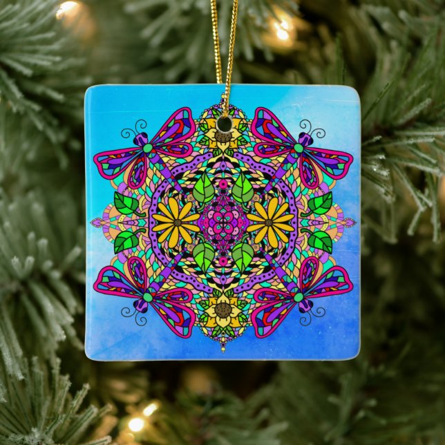 Pretty Colourful Dragonfly Mystical Mandala   Cera Ceramic Ornament (Tree)