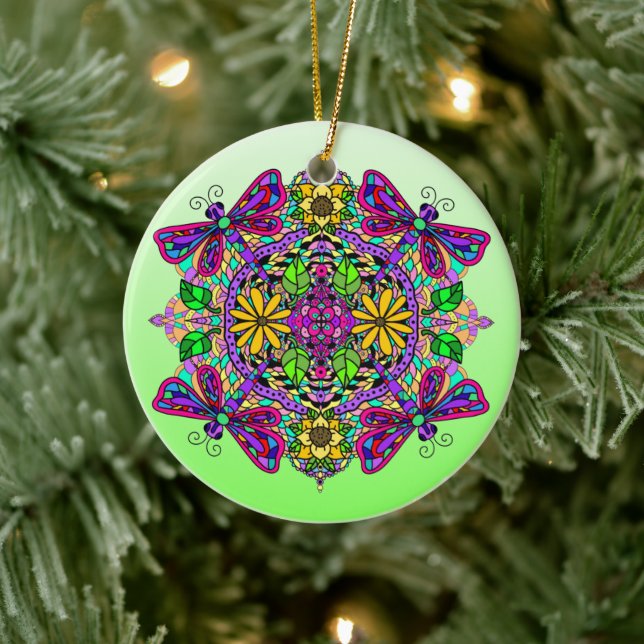 Pretty Colourful Dragonfly Mystical Mandala   Ceramic Tree Decoration (Tree)