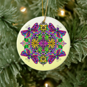 Pretty Colourful Dragonfly Mystical Mandala Ceramic Tree Decoration