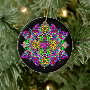 Pretty Colourful Dragonfly Mystical Mandala Ceramic Tree Decoration