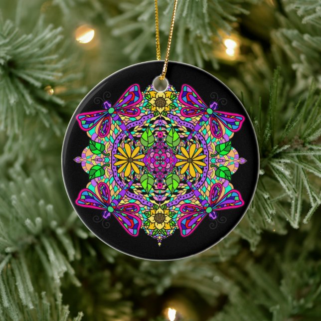Pretty Colourful Dragonfly Mystical Mandala Ceramic Tree Decoration (Tree)