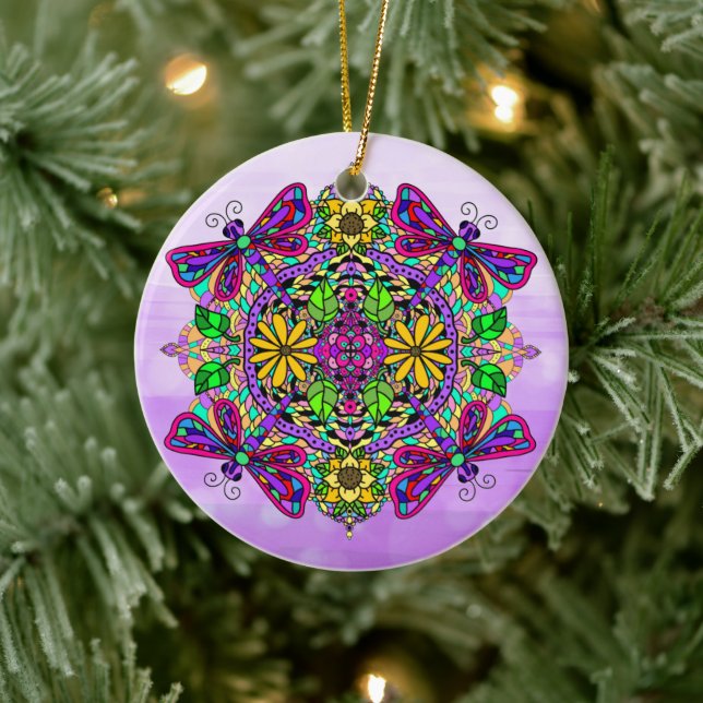 Pretty Colourful Dragonfly Mystical Mandala   Ceramic Tree Decoration (Tree)