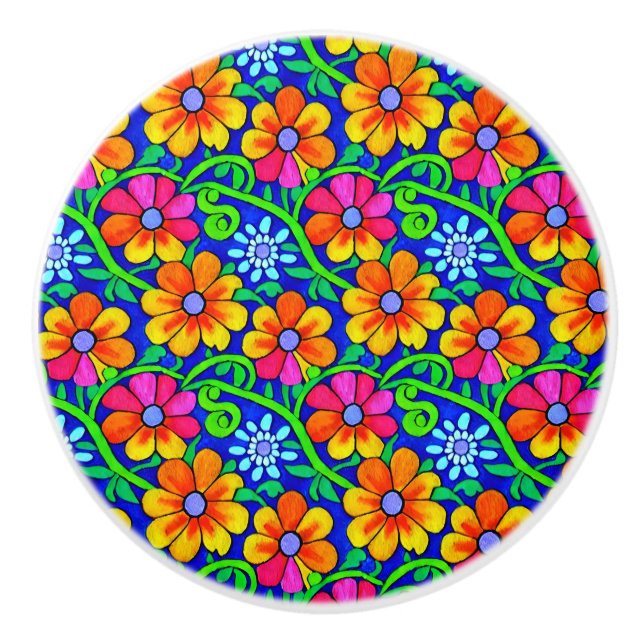 Pretty Colourful Floral Ceramic Knob (Front)