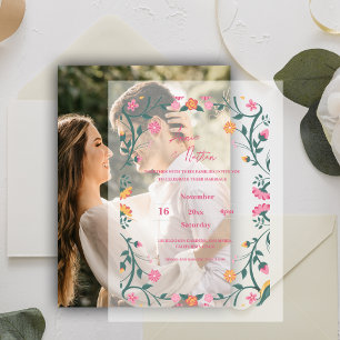 Pretty Colourful Floral Frame Script Wedding Vellum Invitations