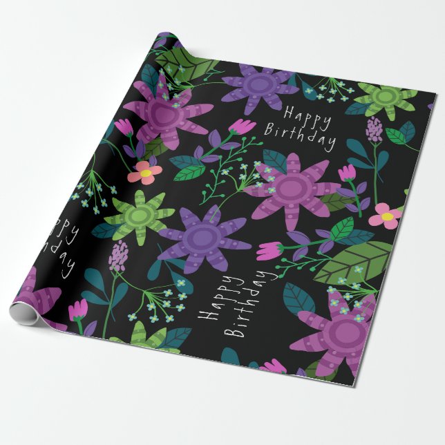 Pretty Colourful Floral Happy Birthday  Wrapping Paper (Unrolled)