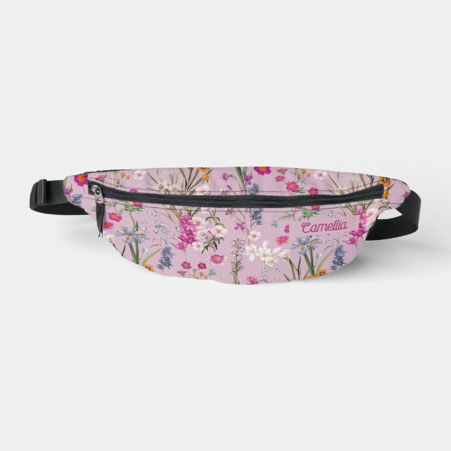 Pretty Colourful Floral Pattern Purple Pink Custom Bum Bags (Front)