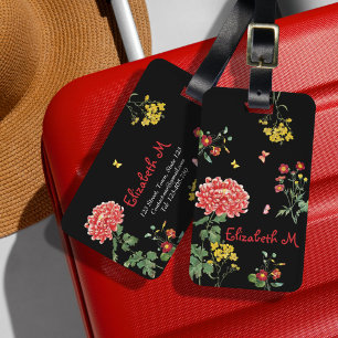 Pretty Colourful FLower Garden Hand-Draw on Black Luggage Tag