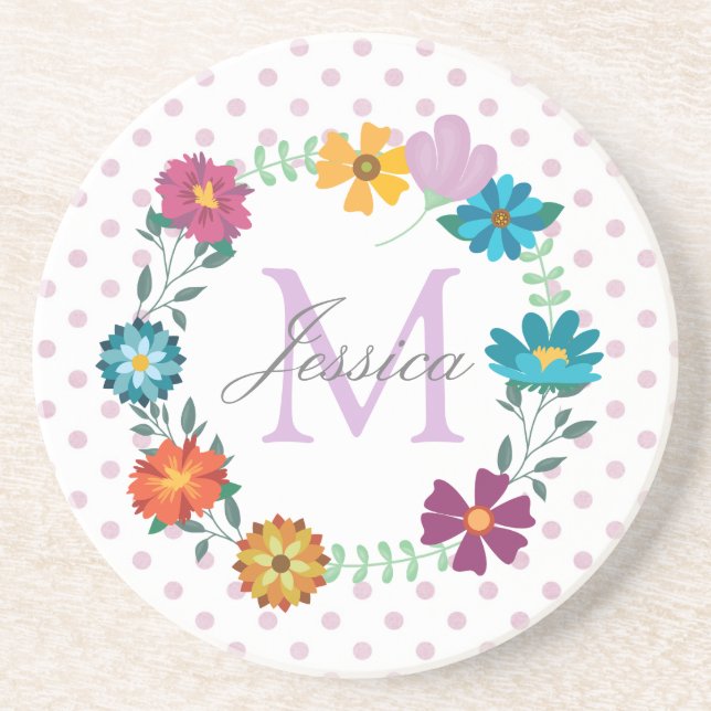 Pretty Colourful Flower Wreath Personalised Dotty Coaster (Front)