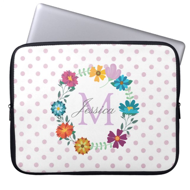 Pretty Colourful Flower Wreath Personalised Dotty Laptop Sleeve (Front)