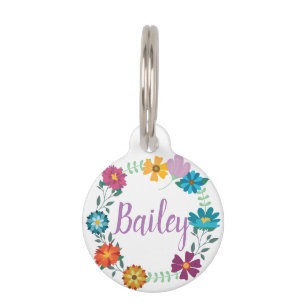 Pretty Colourful Flower Wreath Personalised Pet Tag