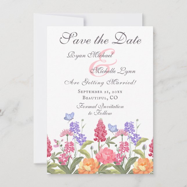 Pretty Colourful Flowers and Butterflies Wedding Save The Date (Front)