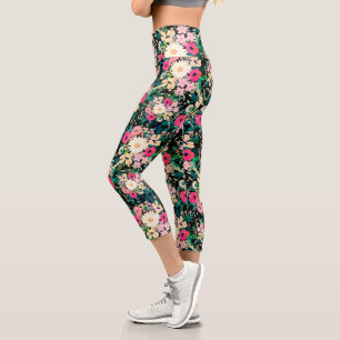 Pretty Colourful Flowers Black Botanical Capri Leggings