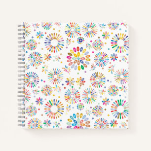 Pretty Colourful Flowers Circles Pattern on White Notebook
