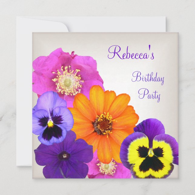 Pretty Colourful Flowers Cream White Yellow Purple Invitation (Front)