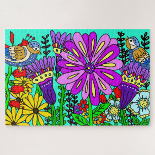 Pretty Colourful Folk Art Style Bird and Flowers P Jigsaw Puzzle