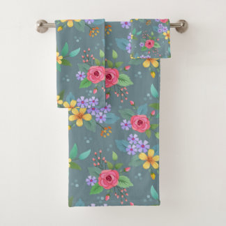 Pretty Colourful Hand Drawn Flower Pattern Bath Towel Set