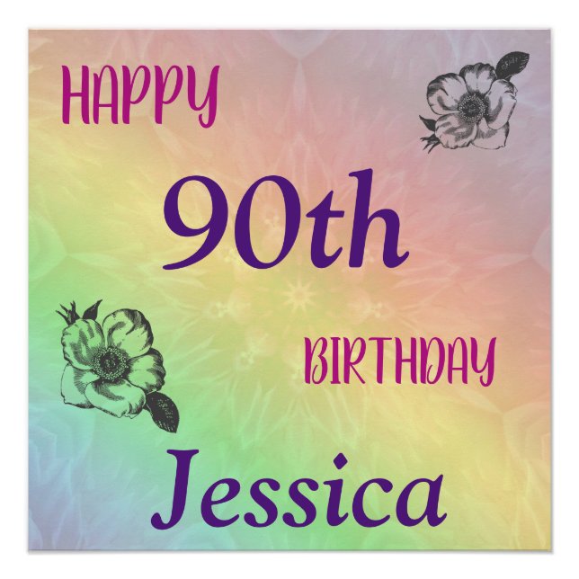 Pretty Colourful Happy 90th Birthday Poster (Front)