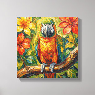 Pretty Colourful Impasto Parrot and Tropical Flowe Canvas Print