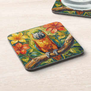 Pretty Colourful Impasto Parrot and Tropical Flowe Coaster