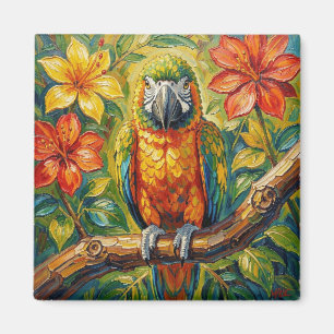 Pretty Colourful Impasto Parrot and Tropical Flowe Magnet