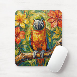 Pretty Colourful Impasto Parrot and Tropical Flowe Mouse Mat