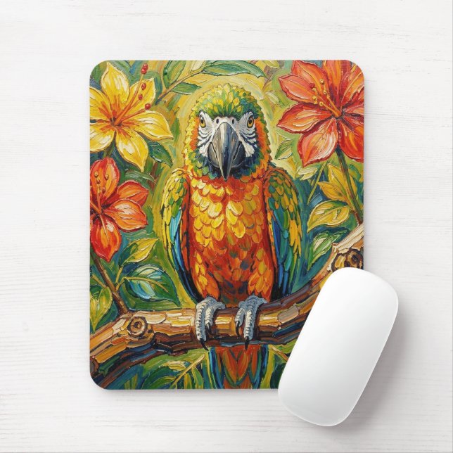 Pretty Colourful Impasto Parrot and Tropical Flowe Mouse Mat (With Mouse)