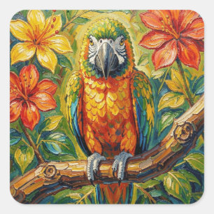 Pretty Colourful Impasto Parrot and Tropical Flowe Square Sticker