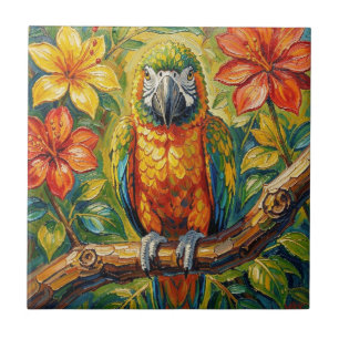 Pretty Colourful Impasto Parrot and Tropical Flowe Tile