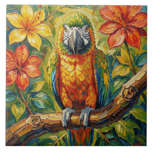 Pretty Colourful Impasto Parrot and Tropical Flowe Tile