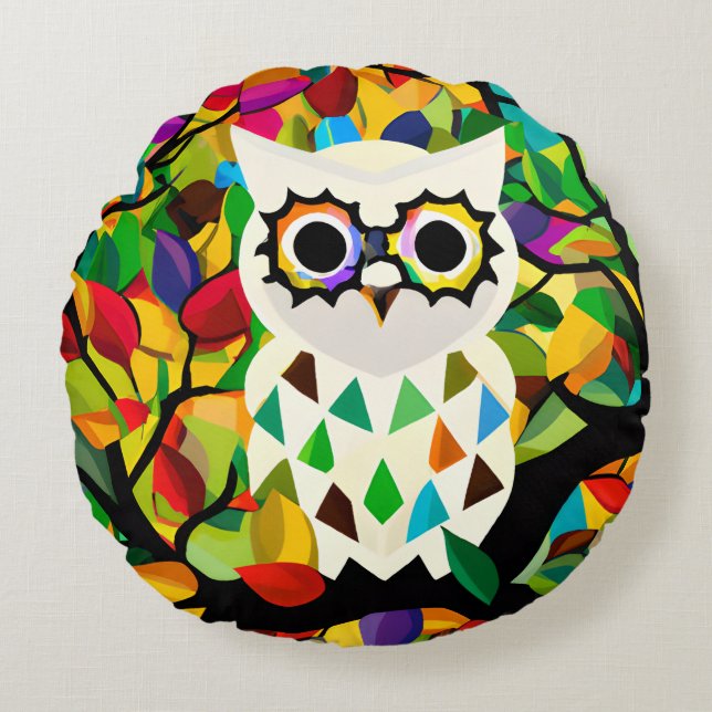 Pretty Colourful Owl Art  Round Cushion (Front)