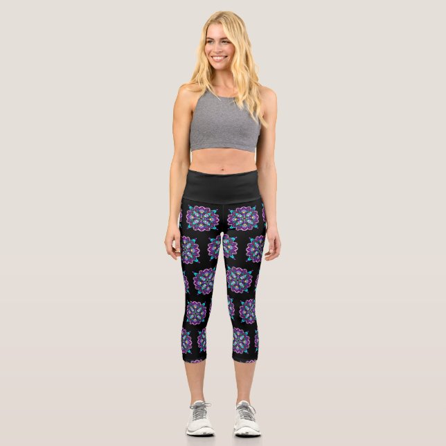 Pretty Colourful Purple Mandala Mystical Capri Leggings (Front)