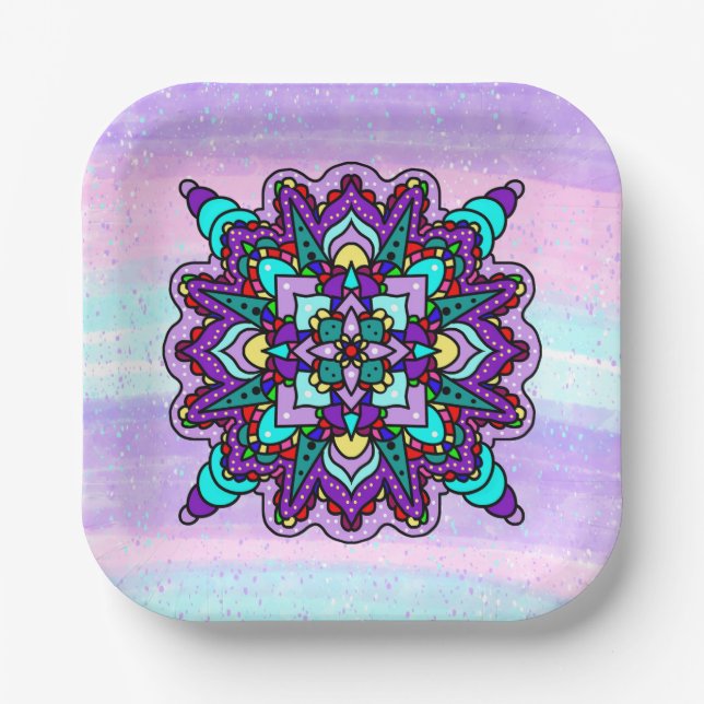 Pretty Colourful Purple Mandala Mystical Paper Plate (Front)