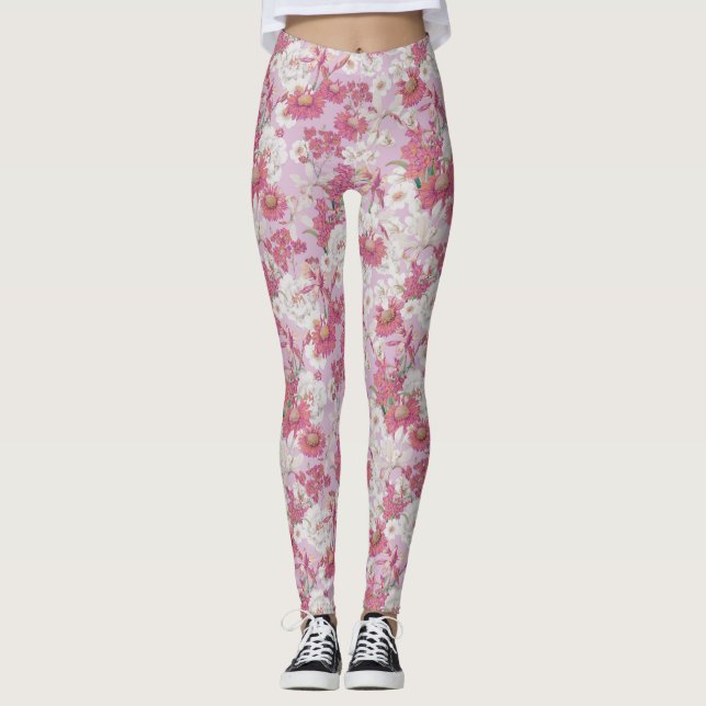 Pretty Colourful Purple Pink Floral Pattern Leggings (Front)