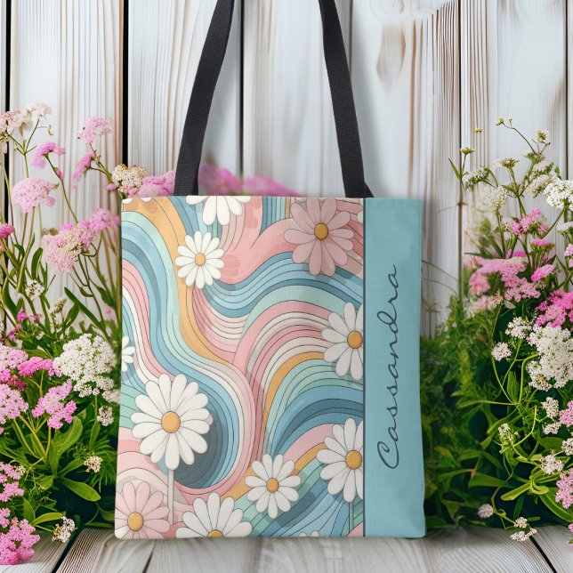 Pretty Colourful Retro Daisy Flower Power Name Tote Bag (Creator Uploaded)