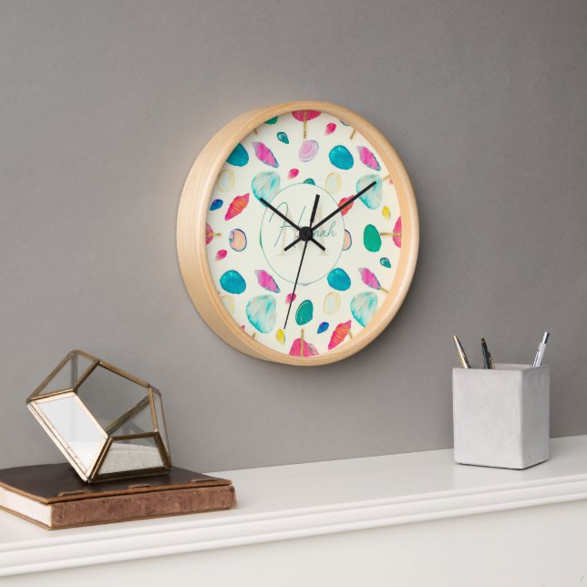 Pretty Colourful Seashells Beige Pattern Clock (Office)
