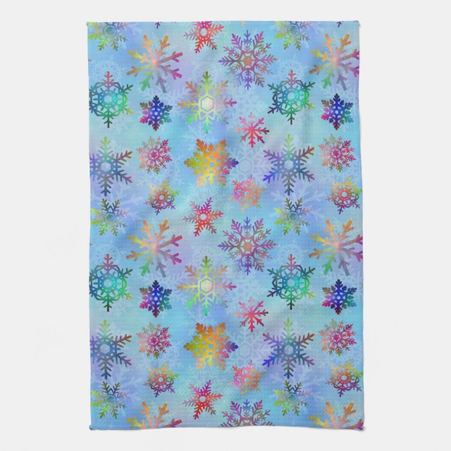 Pretty Colourful Snowflakes Christmas Pattern Tea Towel (Vertical)