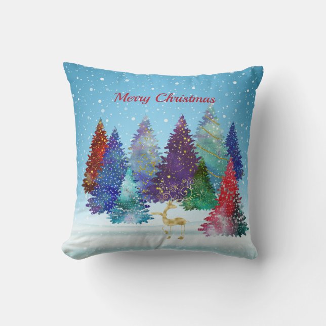 Pretty Colourful Trees Reindeer Christmas Cushion (Front)