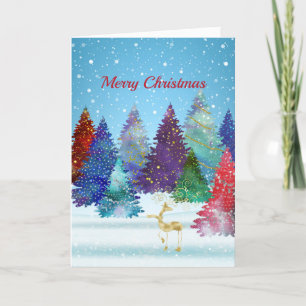 Pretty Colourful Trees Reindeer Christmas Holiday Card