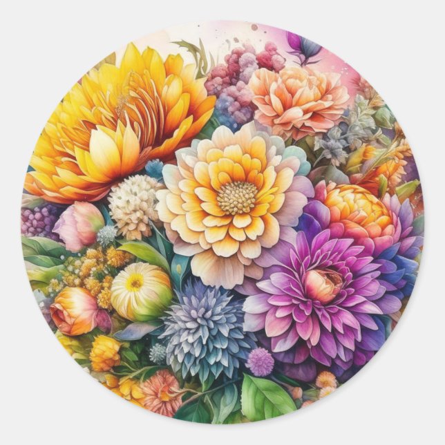 Pretty Colourful Watercolor Ai Art Flowers  Classic Round Sticker (Front)