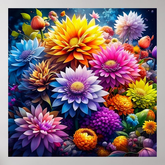Pretty Colourful Watercolor Ai Art Flowers  Poster (Front)